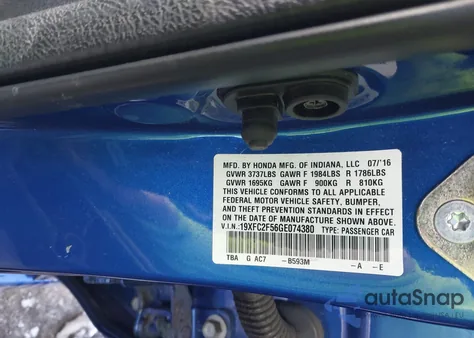 2016 Honda Civic Lx из США, поврежденный, VIN 19XFC2F56GE074380